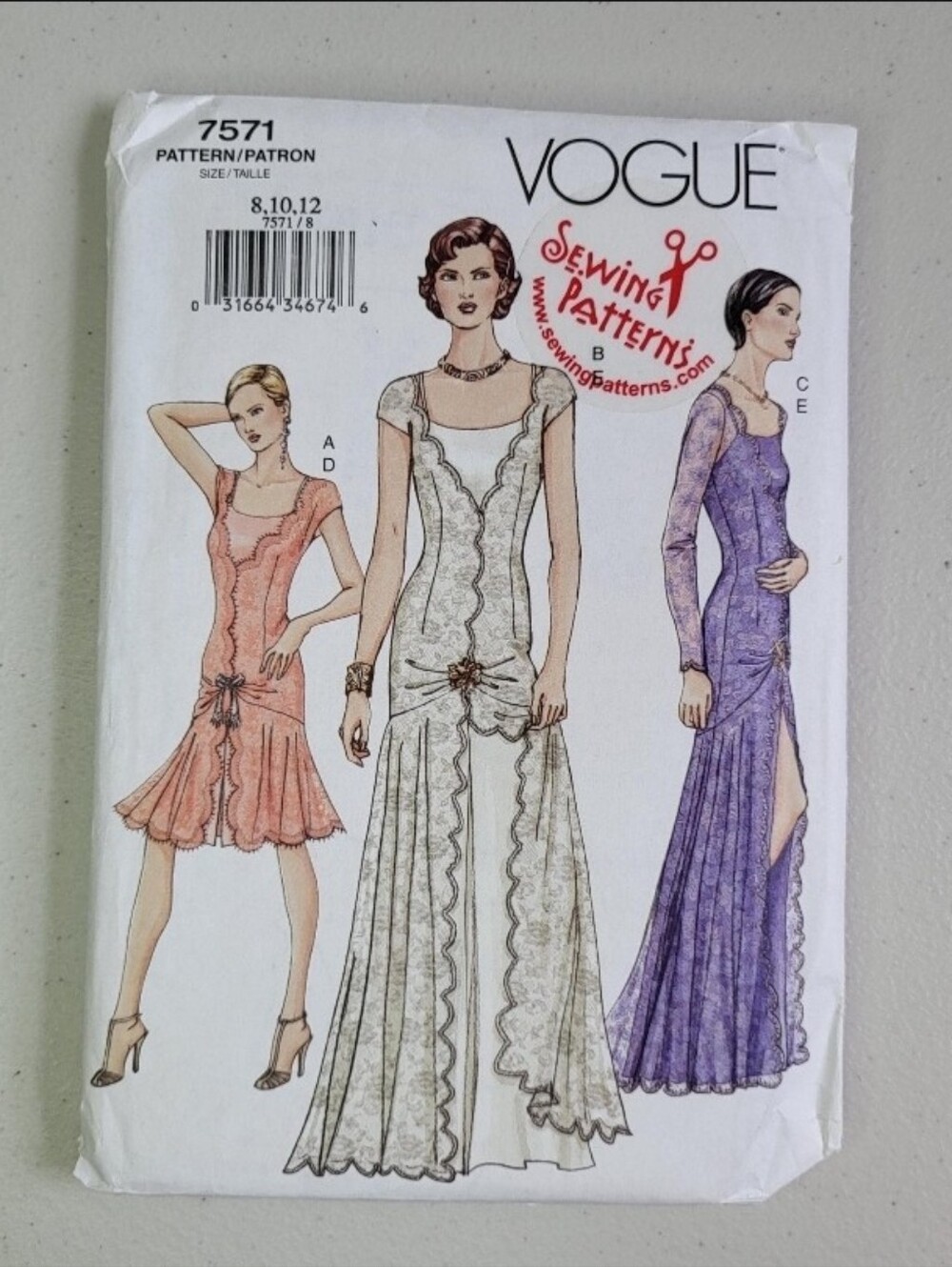 Vogue 7571 1920s Style Flapper Evening Gown Sewing Pattern, Size 8 10 12, Uncut.